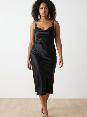 Elegant Black Satin Slip Dress with Cowl Neck and slit